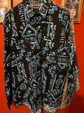 Frontier Series Men's Black Shirt Jacket with Teal Geometric Print